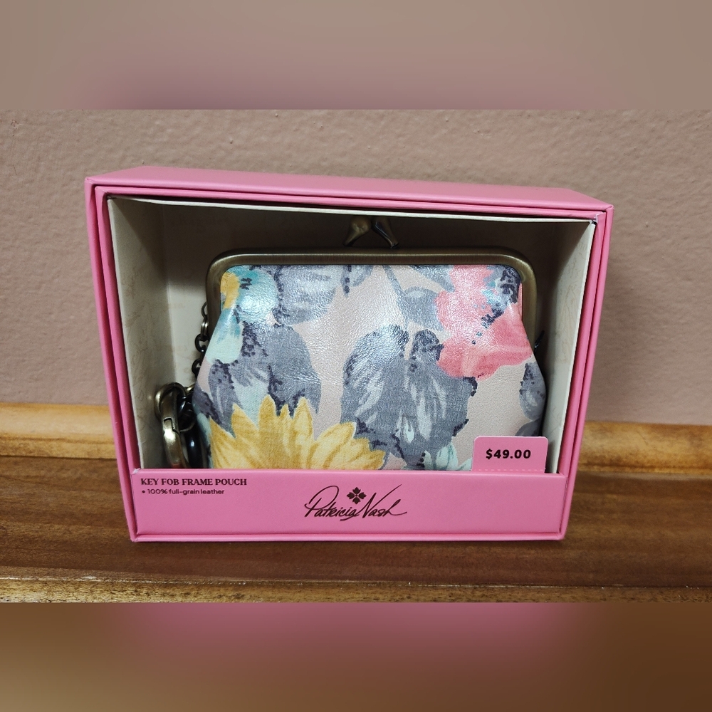 NWT! Patricia Nash Leather Borse Framed Kiss Lock Coin Purse - First Bloom Print - Picture 2 of 3